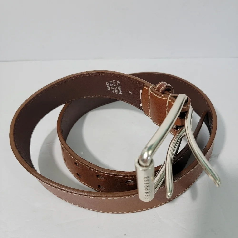 EXPRESS Men's Genuine Leather Belt Brown Size Small (37L, 1.5W) Silver Buckle